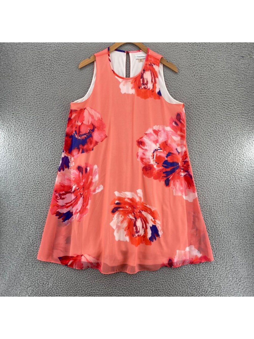 Calvin Klein Dress Womens 12 Pink Floral Swing Chiffon Sleeveless Mini Trapeze